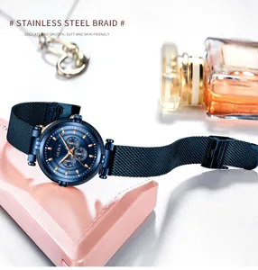 Women stainless steel mesh strap quartz watch with blue dial and magnetic clasp design.