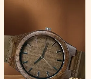 Wooden watch close-up detail showcasing walnut wood dial, texture, and genuine leather strap.