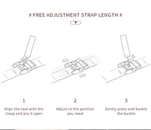 Watch strap adjustment instruction detail diagram showing tool steps for easy sizing.