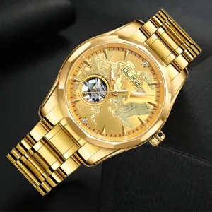 Men golden automatic mechanical watch hollow dial luxury waterproof luminous wristwatch.