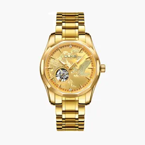Gold automatic mechanical watch for men skeleton hollow dial luxury waterproof wristwatch