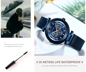Fashion women quartz watch with blue mesh strap and wire bezel design for daily wear.