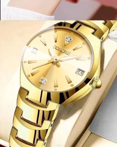 Detailed view of women gold quartz watch dial featuring sparkling rhinestone hour markers.