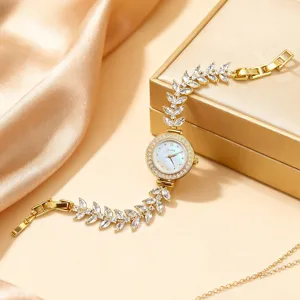 Women Fashion Quartz Watch Alloy Copper Gold Plated Rhinestone Leaf Bracelet Watch Elegant Wristwatch Gift
