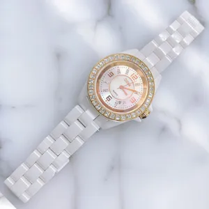 Women Ceramic Quartz Watch Fashion Waterproof Wristwatch With Rhinestone Bezel Ceramic Strap Elegant Ladies Luxury Timepiece