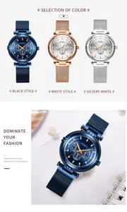 Close-up detail of women quartz watch with magnetic mesh band, elegant dial design.
