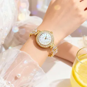 Luxury gold rhinestone women watch, elegant bracelet wristwatch with sparkling diamonds for ladies.