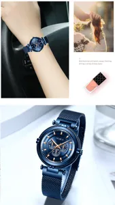 Women quartz watch with blue dial and magnetic mesh strap, fashionable accessory for daily wear.