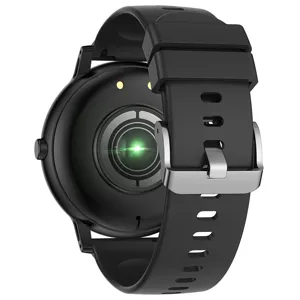 Vue arrière de montre connectée noire avec bracelet silicone et moniteur cardiaque