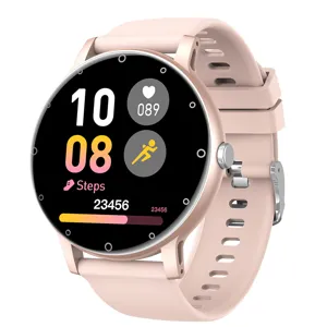 Montre connectée ronde rose avec appel Bluetooth, moniteur de fréquence cardiaque et pas.