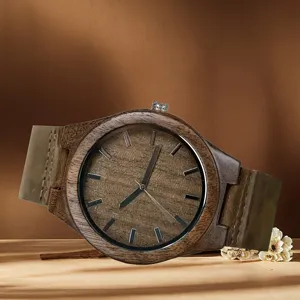 Wooden quartz watch for men, stylish walnut wood analog wristwatch with minimalist dial style.