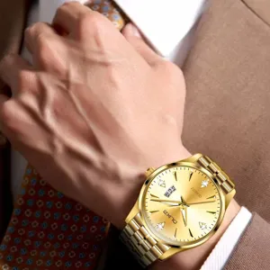 Men's gold quartz watch with metal stainless steel strap luxury business wristwatch date display