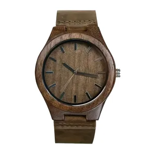 Men's wooden quartz watch with walnut wood case and brown leather strap minimalist style.