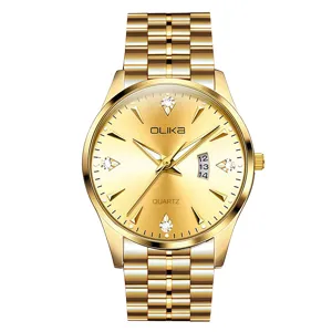 Men gold quartz watch stainless steel strap luxury business wristwatch with calendar display.