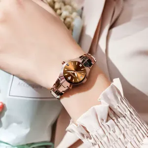Elegant rose gold women quartz watch with brown dial fashion wrist watch luxury ladies timepiece