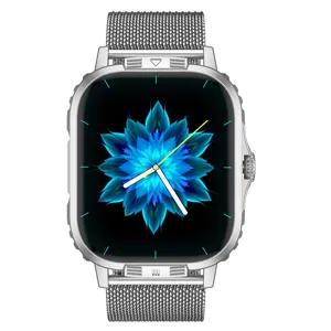 Silver smartwatch with stainless steel mesh strap and vibrant digital floral dial display.