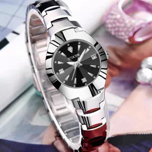 Women's quartz watch with black dial and metal link bracelet, stylish daily accessory.