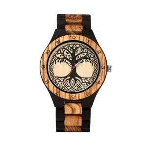 Herren Holzuhren mit Zebranoholz Armband, großes Zifferblatt, Baum des Lebens Motiv, Quarzwerk.