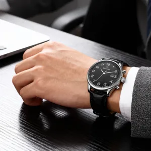 Men's quartz watch with black textured dial, Arabic numerals, calendar display, and leather strap.