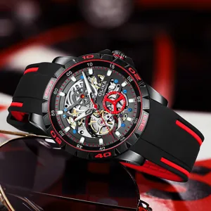 Men's Automatic Mechanical Watch Business Skeleton Waterproof Stainless Steel Silicone Strap Fashion Wristwatch