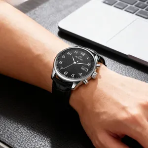 Classic men's quartz watch with calendar display, black dial and leather strap, main view.