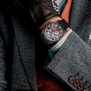 Men's automatic mechanical skeleton watch with black rubber strap, luxury business main photo.