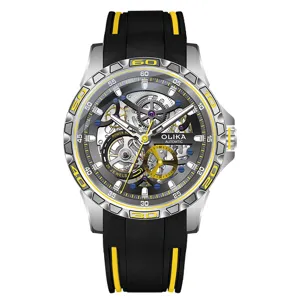 Men's automatic mechanical watch with skeleton dial and black yellow rubber strap style.