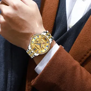 Men's automatic mechanical watch, skeleton dial, two-tone steel strap, luminous waterproof.