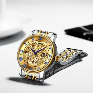 Men's automatic mechanical watch with skeleton dial gold silver stainless steel bracelet