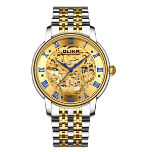 OLIKA Mens Automatic Mechanical Skeleton Watch Stainless Steel Gold Two Tone Waterproof