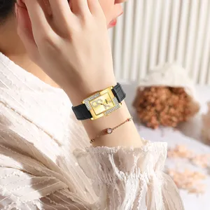 Women Fashion Quartz Watch Luxury Alloy Rhinestone Waterproof Wristwatch Genuine Leather Strap Casual Daily Timepiece