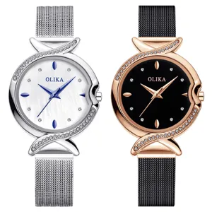 OLIKA Women's Quartz Watch Waterproof Stainless Steel Mesh Strap Mother of Pearl Dial Rhinestone Fashion Wristwatch