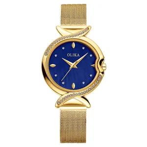 Women gold quartz watch blue mother of pearl dial rhinestone fish tail bezel waterproof 30m