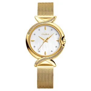 Elegant women quartz watch with mother of pearl dial, gold mesh strap and crystal bezel.