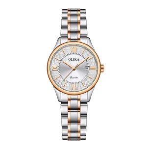 Two-tone stainless steel quartz women watch with calendar white dial casual wristwatch