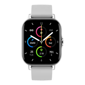 Vierkante Bluetooth smartwatch met fitness-tracking, hartslagmeter en grijze siliconen band.