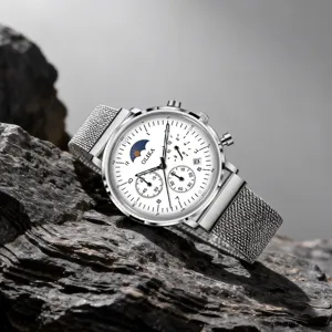 Men Quartz Watch Business Stainless Steel Mesh Leather Strap Waterproof Chronograph Calendar Sun Moon Phase Wristwatch