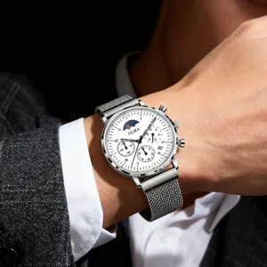 Men's quartz watch with white dial, stainless steel mesh strap, chronograph and calendar.