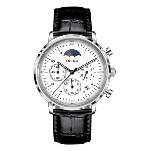Men's quartz watch business casual timepiece with moon phase display and black leather strap.