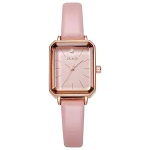 Women's square quartz watch with pink leather strap and rose gold case for daily wear.