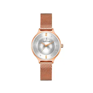 Women rose gold mesh quartz watch with crystal dial markers, elegant waterproof fashion timepiece.
