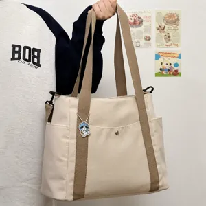 Women large capacity canvas tote bag casual shoulder handbag with contrast straps