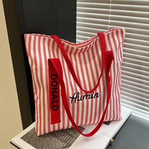 Summer red white striped canvas tote bag large capacity casual shoulder bag for women