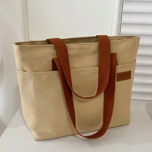 Casual Large Capacity Canvas Tote Bag For Women Vintage Commuter Handbag Simple Solid Color Shoulder Bag Daily Shopping Bag