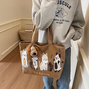 Korean style large capacity canvas tote bag for women, cute cat print shoulder bag main view