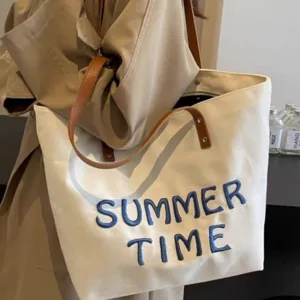Large Capacity Canvas Tote Bag For Women Casual Commuting Shoulder Bag Letter Embroidery Stylish Handbag For Daily Use