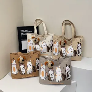 Korean style canvas tote bag large capacity shoulder bag cute cat print with puppy pendant