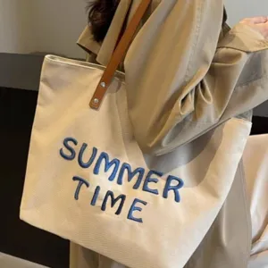 Canvas tote bag for women with summer time embroidery, large capacity single shoulder bag.