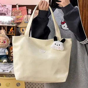 Casual Solid Color Canvas Tote Bag Large Capacity Student School Commuter Handbag With Cute Plush Pendant Women Bag