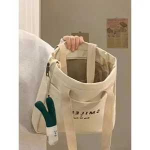 Women Canvas Tote Bag Large Capacity Casual Shoulder Bag Commuter Handbag With Cute Vegetable Plush Pendant